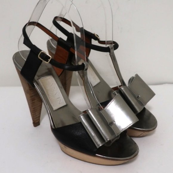 Lanvin Shoes - Lanvin Bow T-Strap Sandals Silver & Black Size 37